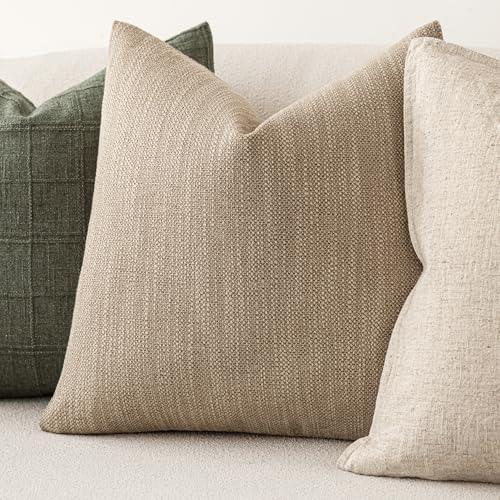 Image of Foindtower Set of 2 Decorative Textured Burlap Linen Throw Pillow Covers Farmhouse Boho Cushion Cover Solid Accent Pillowcase for Couch Sofa Bed Living Room Home Decor,18x18 Inch,Camel