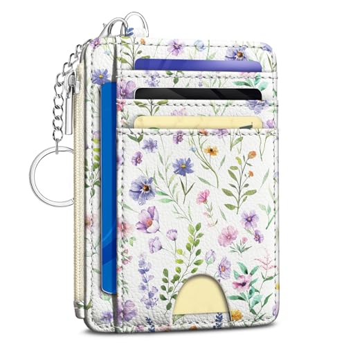 Image of Kelvoris Flowers Credit Card Holder Small Wallet Women, Slim RFID Keychain | Keychain, Zipper Coin Pocket, Front Pocket Thin Travel Card Case, Minimalist, 6 Card Slots, 1 ID Window, Ladies Gifts Woman