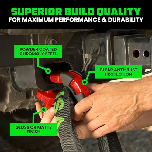 Image of Rhino USA Super D Ring Shackles (2-Pack) - 70,548lb Break Strength - Heavy Duty 3 /4 inch Clevis Shackle with 7 /8 Pin for Towing & Off-Road Use - Pairs with Tow Strap for Vehicle Recovery (Red)