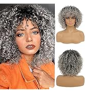 Amnenl Grey Afro Kinky Curly Wig with Bangs for Black Women Ombre Grey Full and Fluffy Like a Bom...