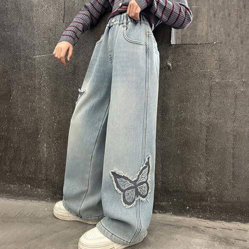 Girls Baggy Jeans Wide Leg Elastic Waist Buttlerfly Applique 𝗬2K Denim Jeans 𝗩intage Casual Wash Jeans4
