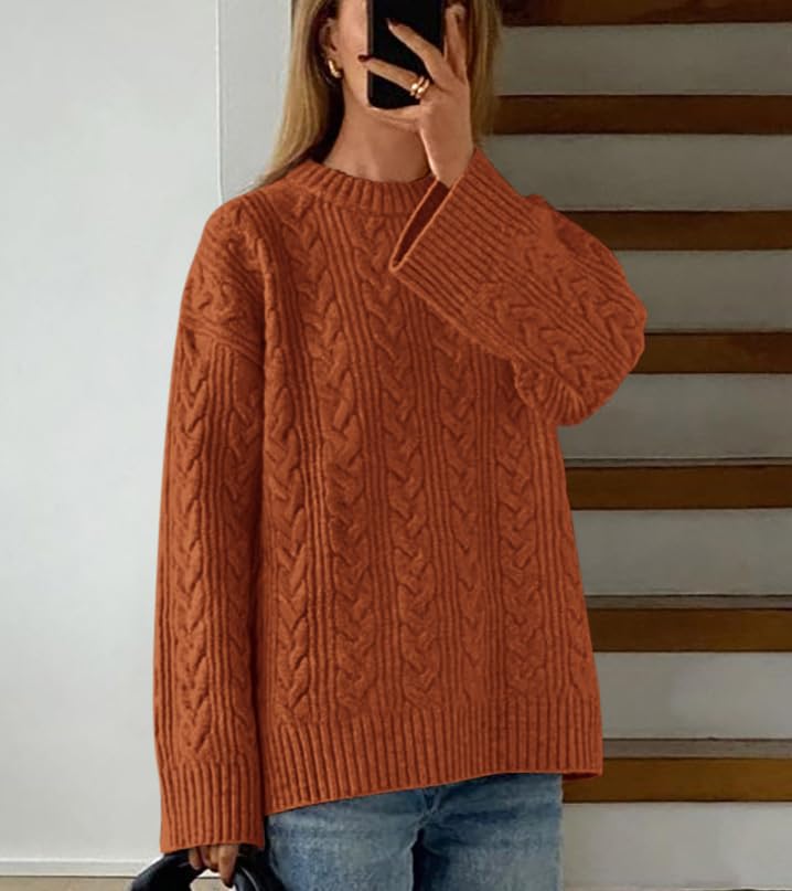 Okiwam Women's Oversized Sweaters Crewneck Cable Knit Pullover Casual Loose Fall Outfits Fashion Clothes 2025