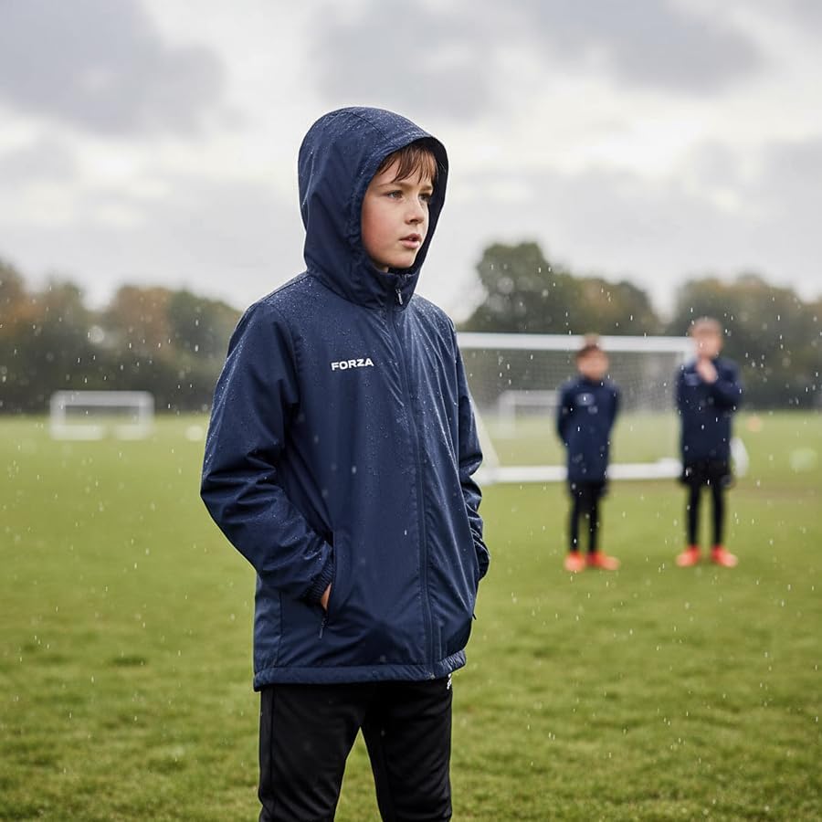 FORZA Kids Waterproof Raincoat | Lightweight Hooded Jacket with Zip Pockets & Packable Hood | Ages 5–14 - Black or Navy