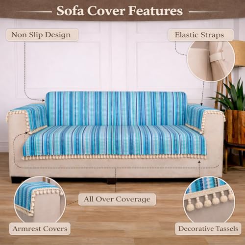 Image of Gifts Island 2 Seater Cotton Sofa Cover Mat | Anti Slip Armchair Cover Throw | All Over Furniture Protector with Elastic Straps | Washable Couch Cover for Living Room (Blue, 2 Seater)
