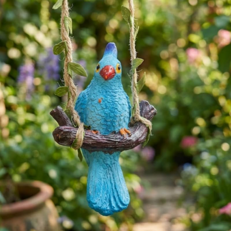 Wonderland Hand-Painted Resin Blue Bird Garden Statue – Hanging Tree Ornament on Twig Swing with Faux Leaf Rope for Outdoor Yard, Patio, and Lawn Decor-picture-13
