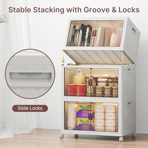Image of UAMFURI Stackable Storage Bins with Lids, 144QT Closet Organizers, Lockable Storage Cabinet, Foldable Storage Box with Doors and Wheels, Plastic Drawers for Home, Garage, Office (3, White, Medium)