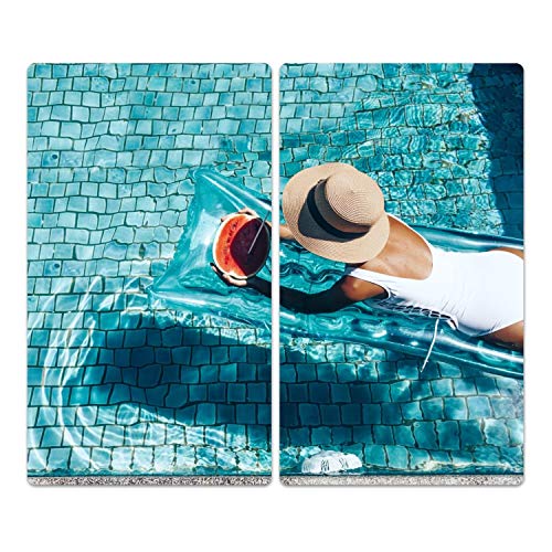 Herdabdeckplatten Set inkl. Noppen aus Glas 'Frau am Matratze', Herd Ceranfeld Abdeckung, 2-teilig universal 2X 52x30 cm