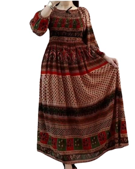 Image of Women's Cotton Dress Jaipuri Sanganeri Print Midi Long Dress Printed Fit and Flare Maxi Dress A-Line Gown Dress Maxi Skirt, Mandala (Free Size)