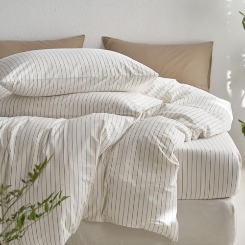 Image of MooMee Striped Duvet Cover Set 100% Washed Cotton Linen Like Textured Breathable Durable Soft Comfy (White Tannish Linen Grey Wide Stripes, Palatial King /Oversized King 120 inchx98 inch) | Relaxed Linen-like Texture. Soft, Breathable & Long-lasting Comfort. Lightweight. Hidden Zipper with 8 Interior Corner Ties
