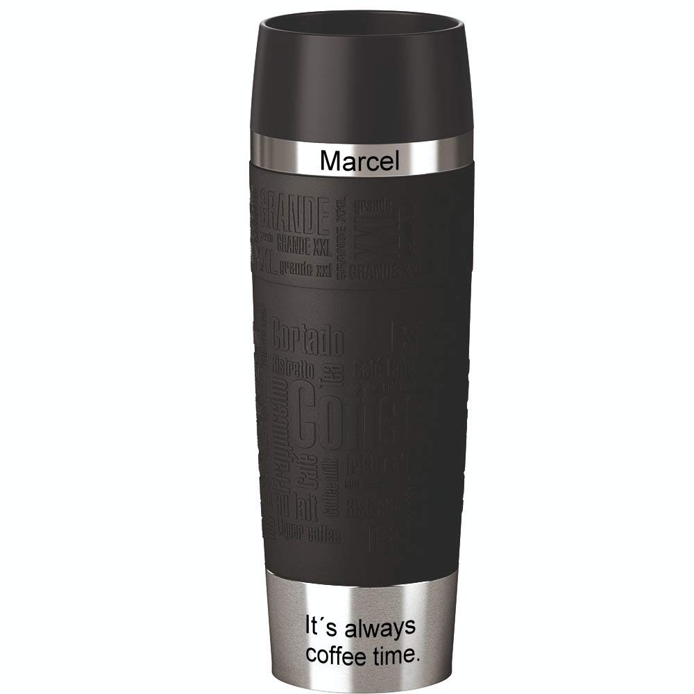 Emsa Isolierbecher MIT Gravur - Oben & UNTEN - (z.B. Namen) TRAVEL Mug Grande XXL 500ml Schwarz, 4h heiß/ 8h kalt, 100% dicht, auslaufsicher, Kaffee & Tee Thermo to-go-Becher