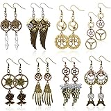 Hicarer 8 Pairs Steampunk Drop Earrings Gear Dangle Earrings Antique Clockwork Earrings Vintage Mix-tone Earrings for Women Girls (Classic Style)
