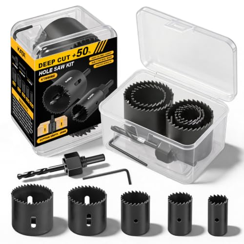 Image of KATA 8PCS Deep Cut Hole Saw Kit 1 inch - 2-1 /8 inch for Wood, PVC, Drywall, Plywood | Upgraded 48mm Cutting Depth Hole Saw Set for Thicker Wood, Cabinet Panels and Plastic, Includes 5 Sizes, Accessories and Case