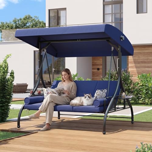 Image of Aoxun Outdoor Porch Swing with Stand and Canopy, 3 Seats Outdoor Swings for Adults, Convertible 2 in 1 Swing Bed with Cup Holder, Patio Swings with String Lights for Garden, Yard & Balcony, Blue