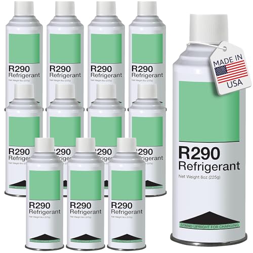 Leak Saver R290 Refrigerant 12-Pack - 8oz Upright Charging Self Sealing Can - Can Stand Upright While Charging - Made in The USA (Adapter Not Included)