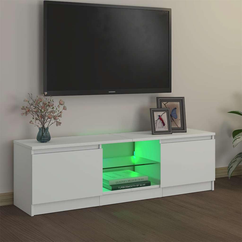 Meuble TV Blanc Moderne avec Éclairage LED RGB, Meuble Télévision 120 cm en Bois et Verre Trempé pour Salon, Salle de Jeux, Support TV avec Rangement pour Console, Lecteur DVD et Appareils