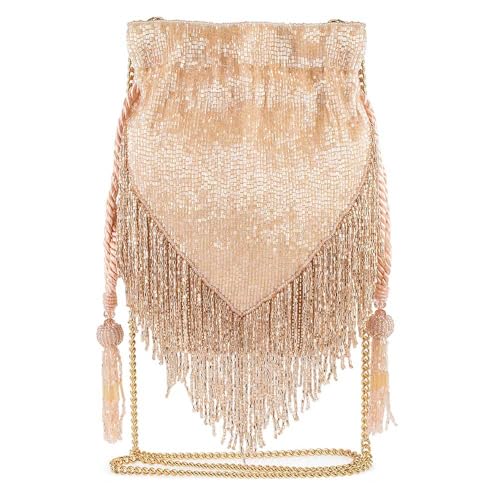Mary Frances Boho Chic Beaded Drawstring Handbag with Fringe and Tassel Champagne Statement Evening Purse with Removable Strap, Pink2