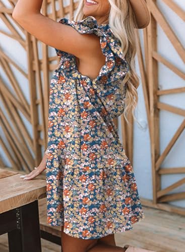 Image of Dokotoo Womens Summer Dresses 2026 V-Neck Drawstring Ruffle Cap Short Sleeve Side Pockets Mini Dress Sundress