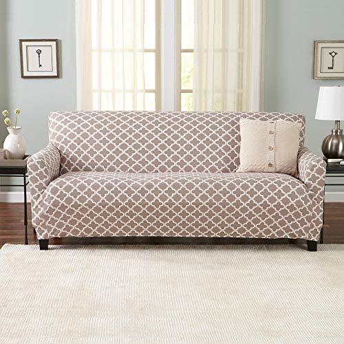 Great Bay Home Printed Twill Sofa Slipcover. One Piece Stretch Couch Cover. Strapless Sofa Cover For Living Room. Fallon Collection Slipcover. (Sofa, Beige) #TOP3