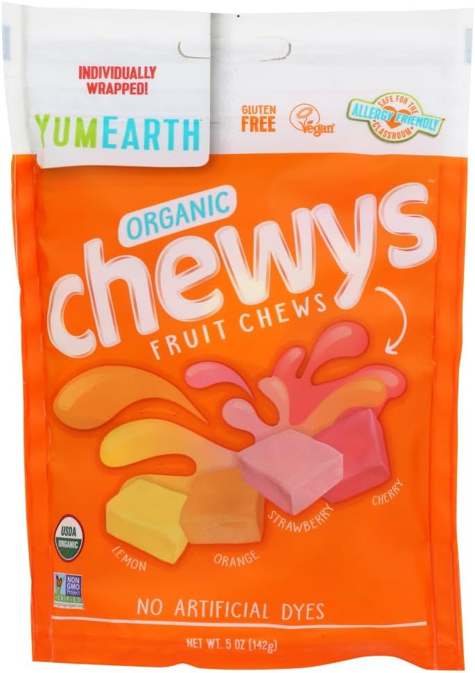 - YumEarth Organic Chewys Fruit Flavored Candy Chews, 5oz Bag (Pack of 6) | Allergy Friendly, Gluten Free, Non-GMO, Vegan, Dye Free, Assorted Flavors