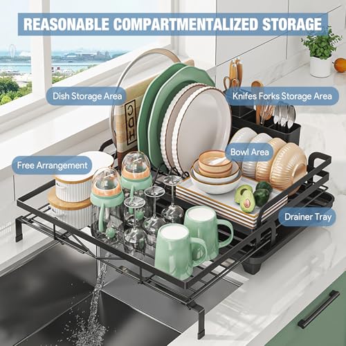 Image of DEVA Dish Drying Rack, Stretchable Large Utensils Drying Rack, Stainless Steel Kitchen Dish Rack with Drainer Tray