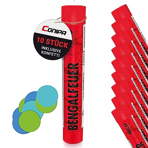 Conipa Bengalfeuer rot + Konfetti Bengalos Pyro Kat F1 Feuerwerk Rauchfackel für Geburtstage, Silvester, Festivals, Konzerte & Hochzeiten Bengalisches Feuer (10er Pack)