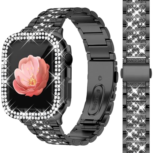 Newlibery Bling Watch Bands with Bling Case for Women Compatible with Apple Watch Band 42mm Elegant Dressy Jewelry Replacement Metal Link Wristband Protector Cover for iWatch Series 12/11/10 Black