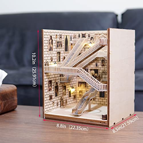 LED Book Nook Kit for Adults - Decorative Bookend Stand-3D Wooden Puzzle for Adults, Booknook Bookshelf Insert Room Decor Gift Craft for Teen Girls Boys Women Men(Magic School)