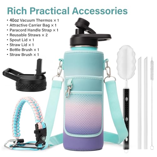 Insulated Water Bottle | Thickened Stainless Steel Vacuum Metal | Portable Sports Water Jug for Gym and Hiking with Straw, Carrier Bag, Handle Strap | BPA-Free 40 oz