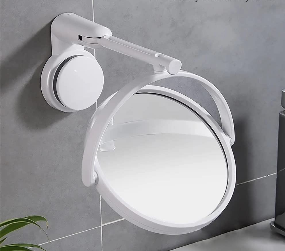 Image of Azelf Wall Mounted Folding Round Makeup Mirror | 360 Rotating Beauty Mirror with Adjustable Arm | Hole-Free Suction Cup Installation | 17.5cm Diameter | Dressing Mirror for Bathroom Vanity