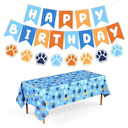 Breling Dog Paw Print Tablecloth, Blue and Orange Party Decorations
