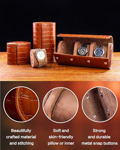 Image of MR.OKAY 3 Watch Travel Case- Classic Leather Watch Case With Superb Texture.(Portable Watch Roll Or Organizer For Storage And Display).Festival Gift For Men, All Handcrafted By Artisans.