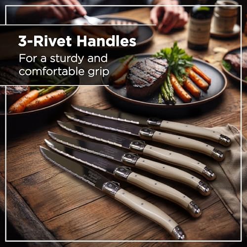 Wrenbury Laguiole Steak Knives Set of 6 - Premium French Design Resin Handles, Sharp Serrated 18/10 Stainless Steel Blade, Gift Boxed - Image 4
