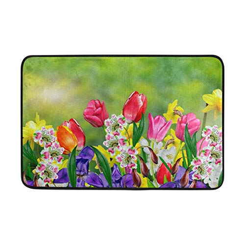 Ollabaky Bright Tulips Blossoming Flowers Doormat Non-Slip Washable Entrance Bathroom Door Floor Mats Indoor Outdoor Decor Rug 23.6  x15.7 