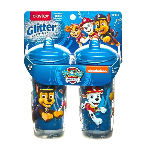 Playtex Baby Sipsters Hard Spout PAW Patrol Sippy Cup for 12+ Months, 9 Ounce (2 Count), Blue Glitter Chase and Marshall, Insulated Water Bottle for Kids, Spill-Proof Cups for Toddlers 1-3, Stage 3