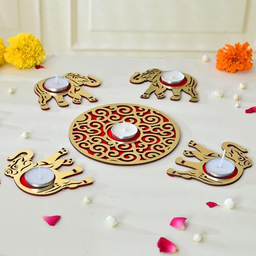 Image of Ascension Elephant MDF Rangoli Set with Tealights Candels Reusable Rangoli Stencil Diwali Decoration Items for Home Decor Navratri Pongal Pooja Mandir Diwali Decor (Elephant Tealight Candle Holder)