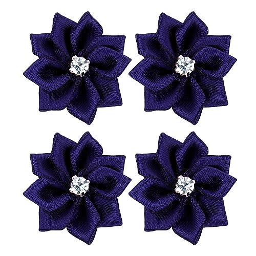 YAKA 60Pcs Sapphire Satin Ribbon Flowers Bows Rose W/Rhinestone Appliques Craft Wedding 1.1inch