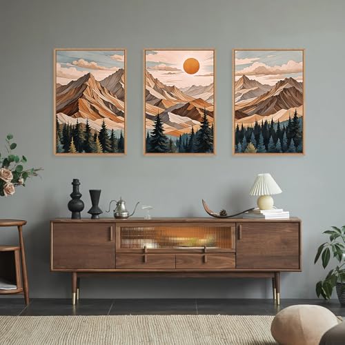 Image of KAIRNE Vintage Mountain Framed Canvas Wall Art Set,Boho Pine Tree Forest Wall Decor,Woodcut Wilderness Landscape Art Prints,Nature Sunrise Artwork for Living Room,Bedroom,Farmhouse,Office-24 x36 x3