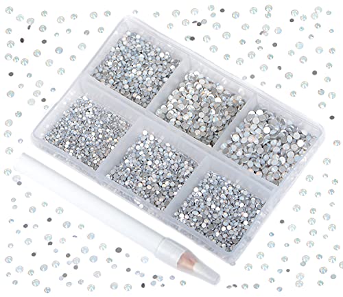 Image of 7200 Pieces Nail Rhinestones, Non-Magnetic Round Glue, Flat Crystal Crystals, for Jewelry Making with a Pen of Your Choice (6 Sizes, 7200 Pieces, White Opal)