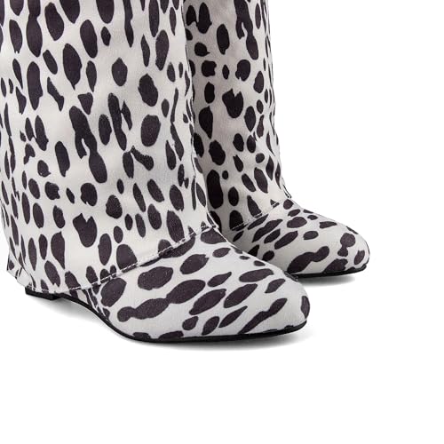 Image of keleimusi Fold Over Wedge Boots Heeled PadLock Pant Knee High Shoes Tall /Short Booties in Cow Print