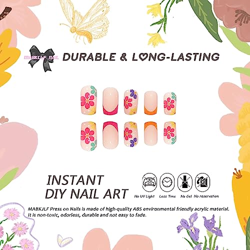 Short Press On Nails Square French Tip Fake Nails Full Cover False Nails With Colorful Flower Designs Glossy False Nails With Nail Glue Artificial Acylic Nails For Women Girls 24 Pcs #TOP1