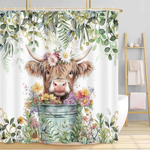 Sage Green Eucalyptus Highland Cow Shower Curtain Watercolor Plant Leaves Teal Floral Farmhouse Bath Curtain Funny Animals Bathroom Accessories Botanical for Bathroom Curtain Set with Hooks 72X72in