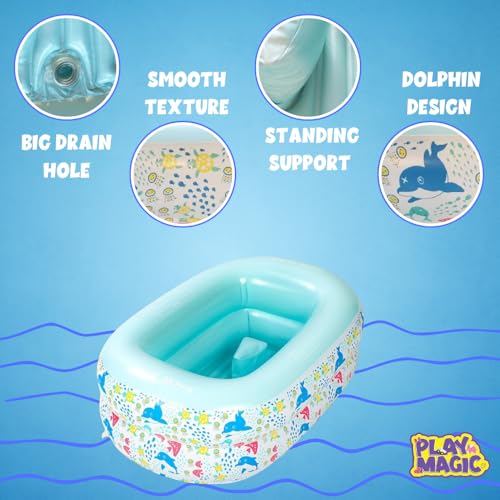 Image of PlayMagic AquaBub Dolphin Rectangular Inflatable Bathtub|Swimming Pool with Leg Support|Soft Material Portable Bath Tub|Travel Bathing Tub|Outdoor Toy for Kids 6-24 Months|Birthday Gift