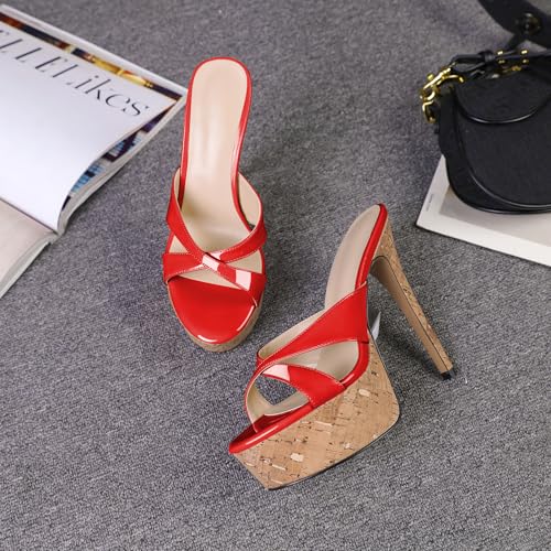 Image of Esvowido Heeled Mules for Women Cork Platform Stiletto Heels Slip on Open Toe High Heeled Sandals Crisscross Slippers Pumps Shoes