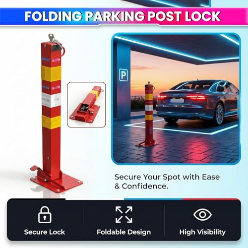 Image of amiciAuto Heavy Duty Folding Parking Barrier Lock with Keys & Foot Quick-Deploy | Metal Retractable Parking Post Obstacle | Anti-Theft Reserved Parking Guard for Home, Office & Private Driveways