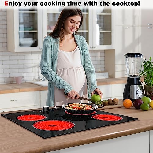 Image of Karinear 24 Inch Electric Cooktop 4 Burners Electric Stove Top, 220-240v Built-in Electric Ceramic Cooktop with Knob Control,9 Power Levels, Black Glass,No Plug