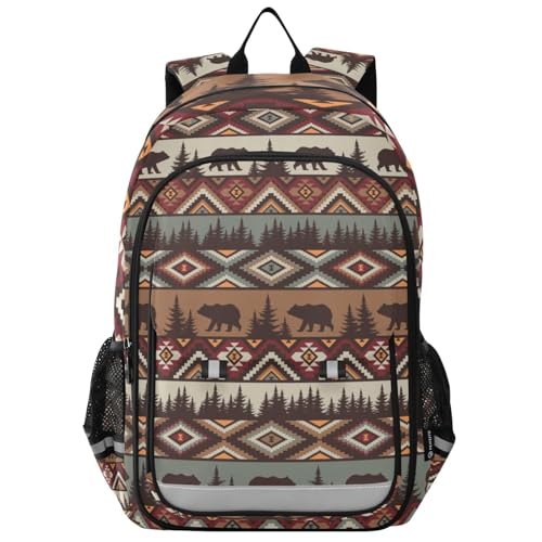 Brown Tribal Bear Backpack Girls Boys Elementary School Bags Bookbags Laptop Backpack Travel Daypack Safe Reflective Stripes