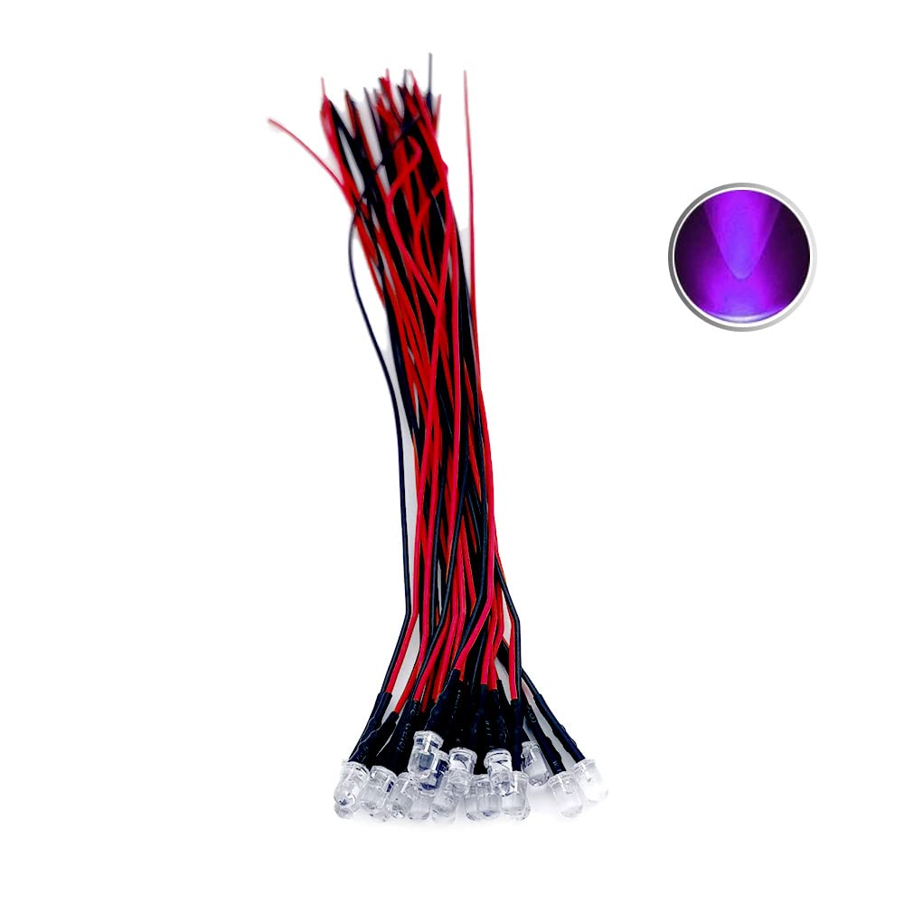 50 sztuk okrągłych diod LED 5 mm, wstępnie okablowanych, przezroczyste jak woda, 5 V, 12 V, dioda świetlna UV z uchwytem z tworzywa sztucznego (fioletowa 395-400 nm (UV), 5 mm okrągła)