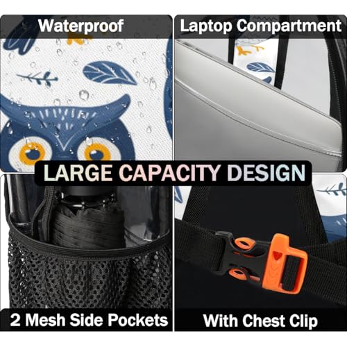 Hand Painted Owls Clear Backpack Stadium Approved PVC Backpacks for Adults Heavy Duty Clear Bag for Work Security Travel College4