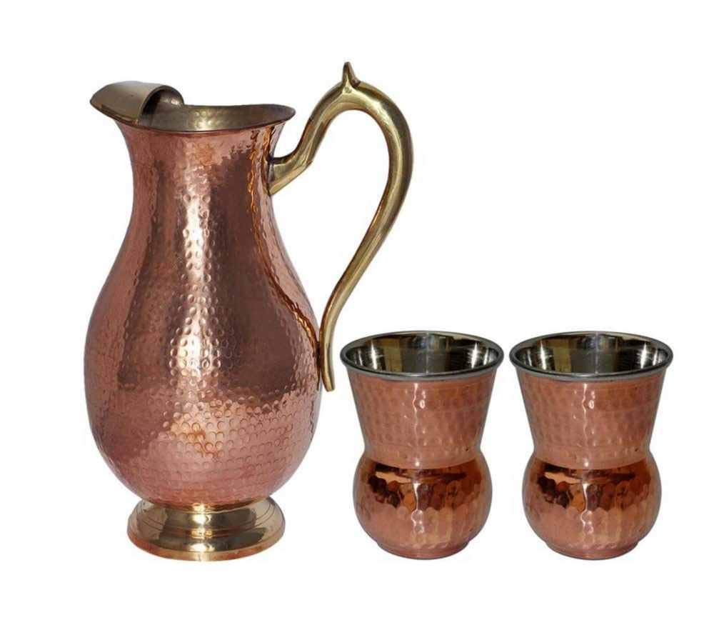 Copper Portal Pure Copper Stainless Steel Ayurveda health healing Drinkware Water Pitcher Jug With 2 Serving Tumbler Glasses