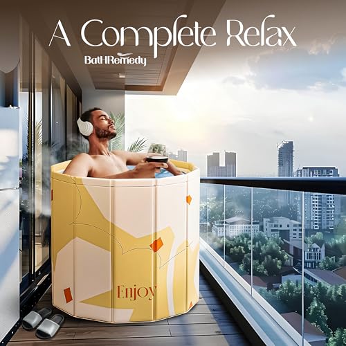 Image of Bath Tub for Adult for Bathroom, Foldable SPA Tub for Home Use with Drainage Hole, Thickened Insulated Ice Bath Tub, Inflatable BathTub for Adults, Ice BathTub for Adults (Yellow Flower)